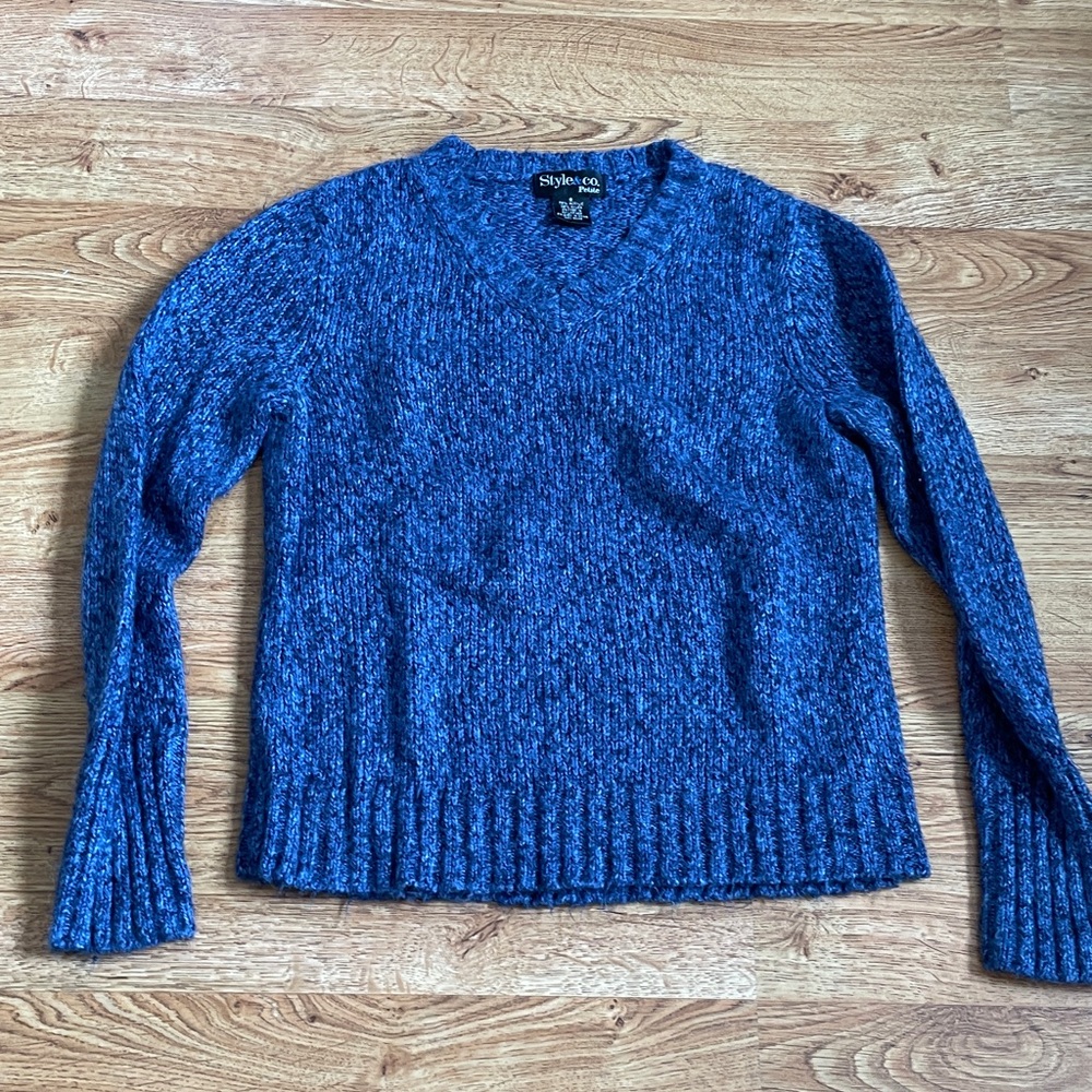 Style & Co Blue Marled V-Neck Knit Sweater Size Small